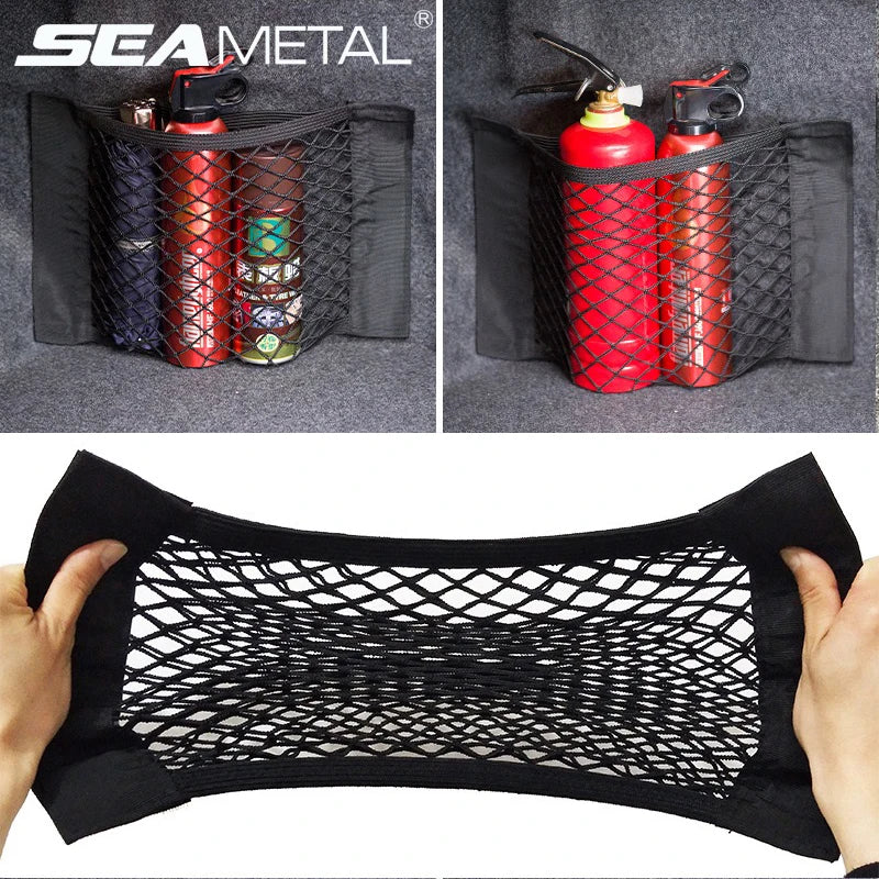Trunk organizer made of mesh, netting, and pockets.