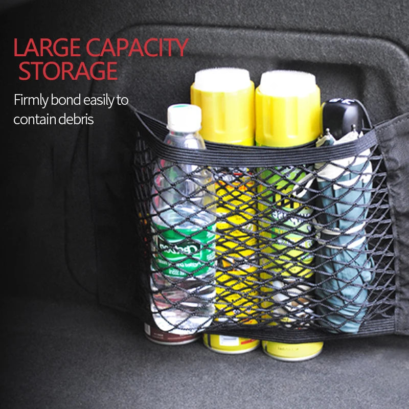 Trunk organizer made of mesh, netting, and pockets.