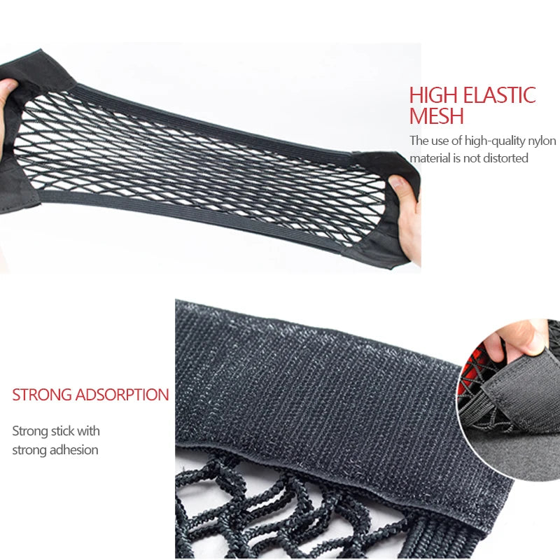 Trunk organizer made of mesh, netting, and pockets.