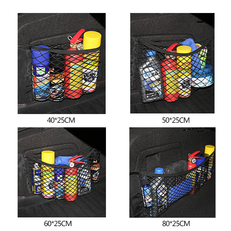 Trunk organizer made of mesh, netting, and pockets.