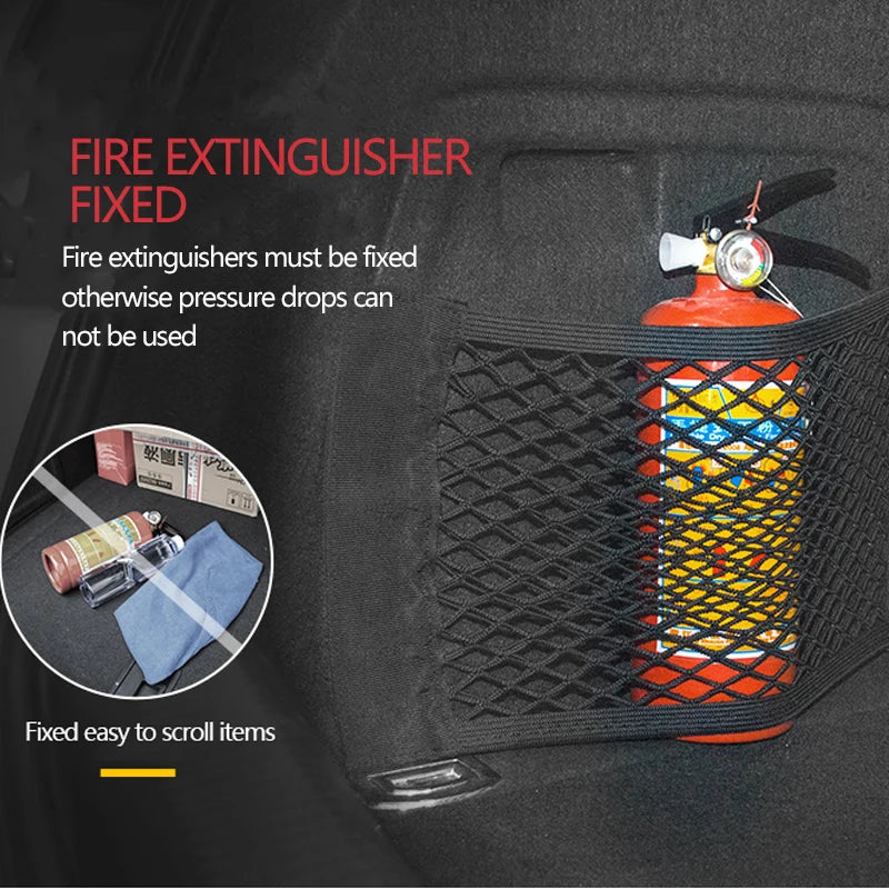 Trunk organizer made of mesh, netting, and pockets.