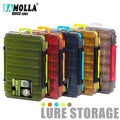 Fishing tackle box with 14 compartments, case for storing lures and hooks, double-sided fishing tool organizer.