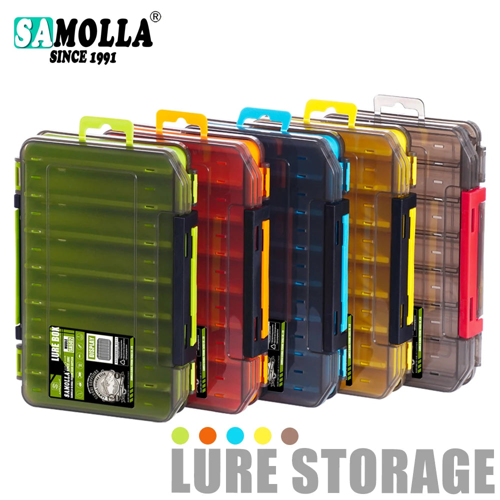 Fishing tackle box with 14 compartments, case for storing lures and hooks, double-sided fishing tool organizer.