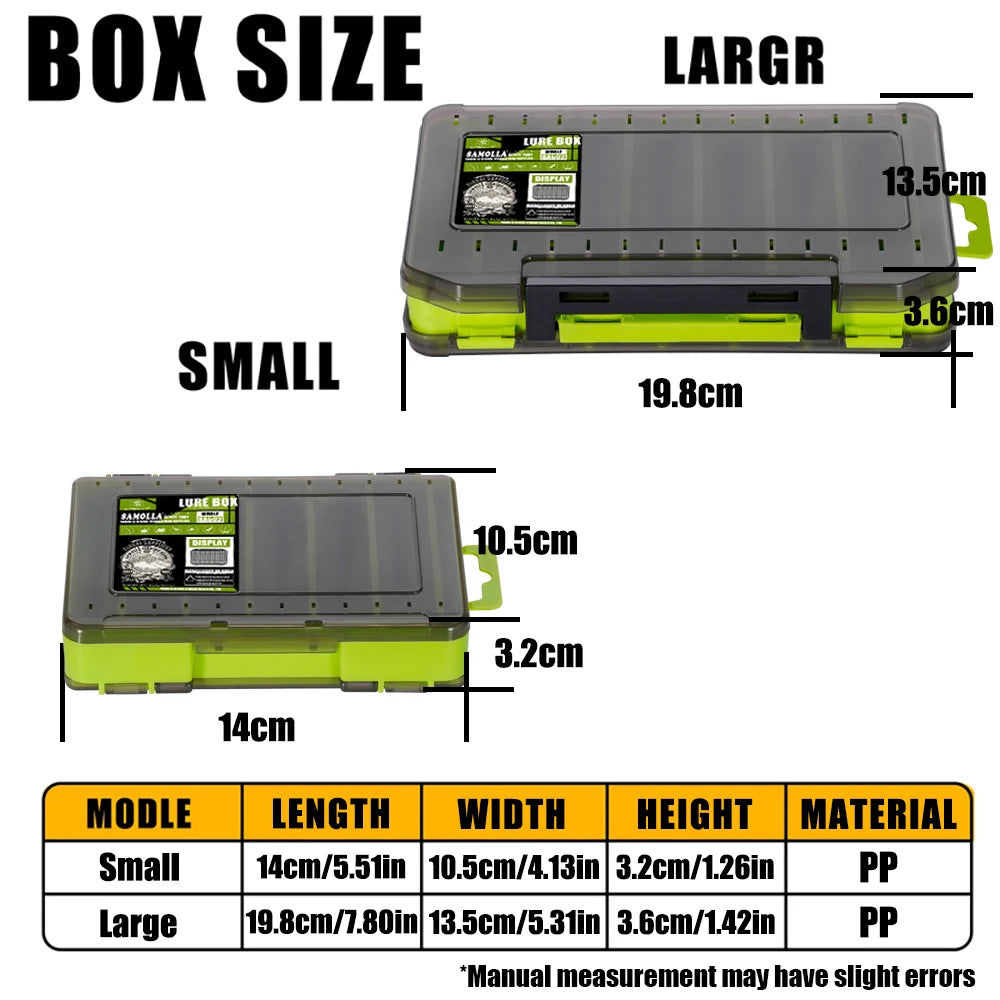 Fishing tackle box with 14 compartments, case for storing lures and hooks, double-sided fishing tool organizer.