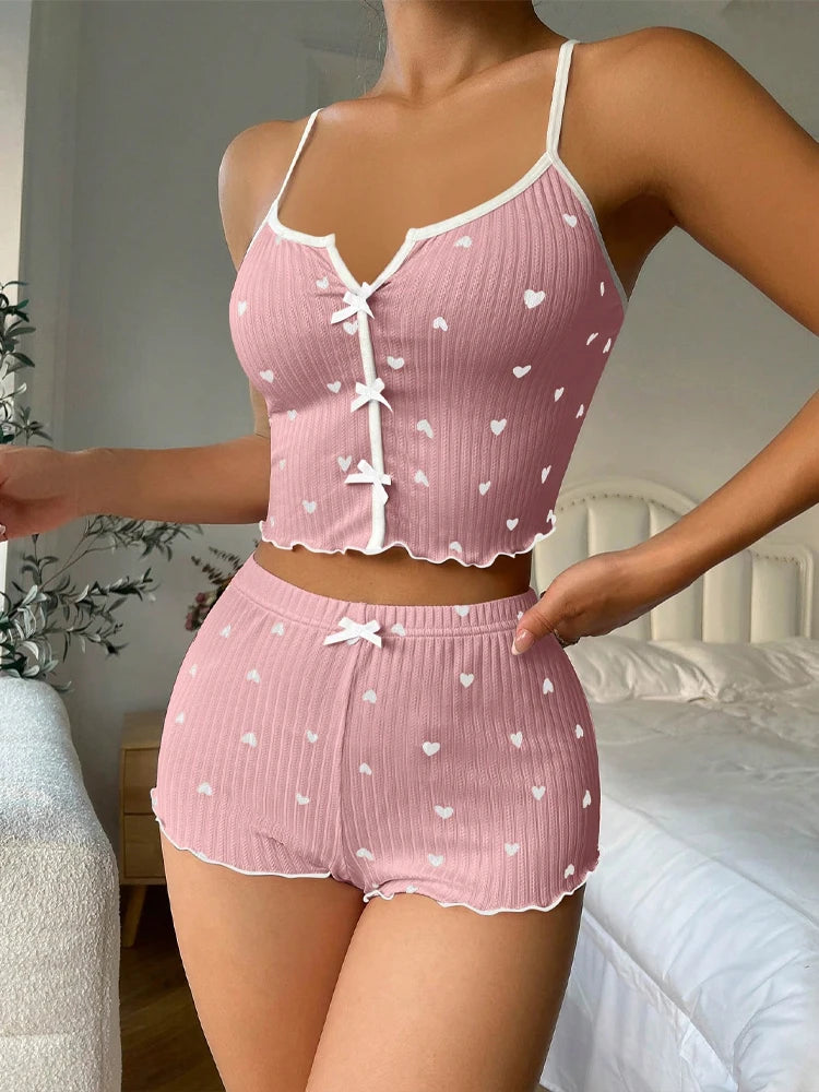 Silk pajama set with heart print