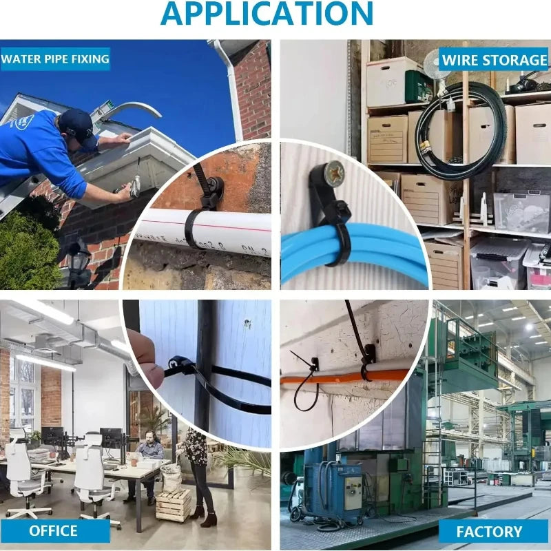100 units of nylon cable ties with screw holes, for cable organization
