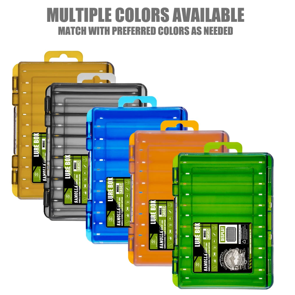 Fishing tackle box with 14 compartments, case for storing lures and hooks, double-sided fishing tool organizer.