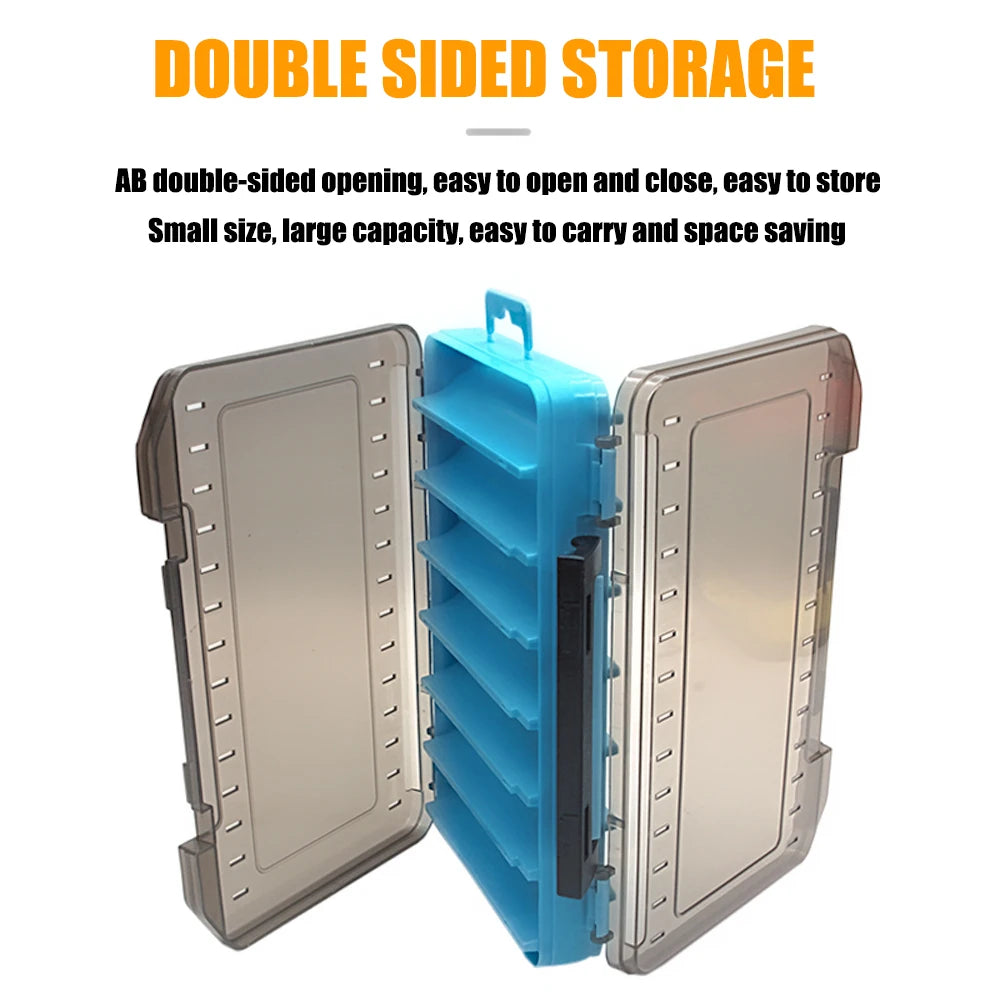 Fishing tackle box with 14 compartments, case for storing lures and hooks, double-sided fishing tool organizer.